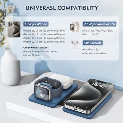 Wireless Charger iPhone - 3 in 1 Charging Station for Apple Devices for iPhone 17 16 15 14 13 12 Pro Max Plus - Foldable Magnetic Charging Pad for Apple Watch Series & Airpods Series - color: Blue
