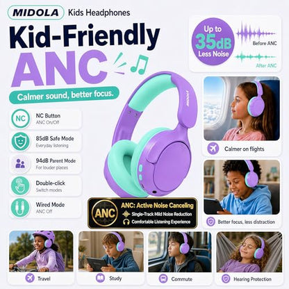 MIDOLA Kids Bluetooth Headphones Wireless,ANC,68H,Safe Volume Limit 85/94dB | Active Noise Cancelling,Adjustable Headband Foldable Over-Ear for Toddler Girls Boys Tablet/iPad,HD Stereo,Built Mic,Purple - color: Purple