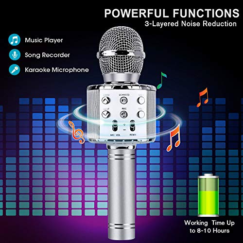BlueFire 4 in 1 Karaoke Wireless Microphone with LED Lights, Portable Microphone for Kids, Great Gifts Toys for Kids, Girls, Boys and Adults (Silver) - color: Silver