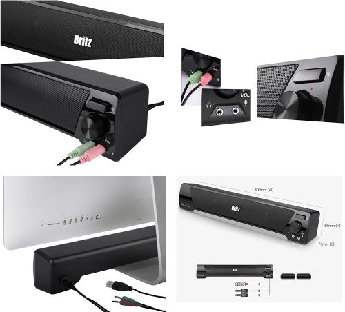 Britz Computer 2ch Stereo Soundbar Speaker Ba-r9 USB Power 3.5mm 6w Headphone Jack Microphone Jack