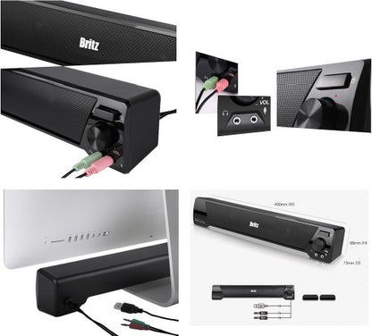 Britz Computer 2ch Stereo Soundbar Speaker Ba-r9 USB Power 3.5mm 6w Headphone Jack Microphone Jack