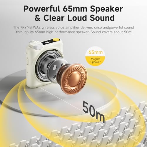 7RYMS WA2 Wireless Voice Amplifier for Teachers with Magnetic Lavalier Mic, Wireless Portable Amplifier with Noise Canceling, Mini Voice Amplifier for Classroom, Meeting, Training, Speech (White) - color: White