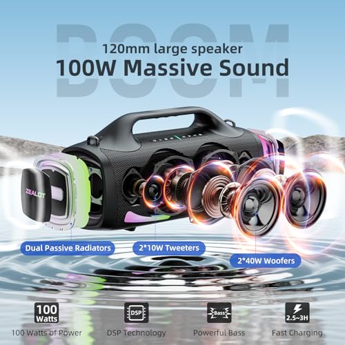 ZEALOT Bluetooth Speaker, 120W Booming Sound Speakers Wireless, Dual Pairing, XBass, 24000mAh, EQ,Fast Charge, Portable Outdoor Waterproof Speaker for Camping,Pool, Beach, and Party - color: black