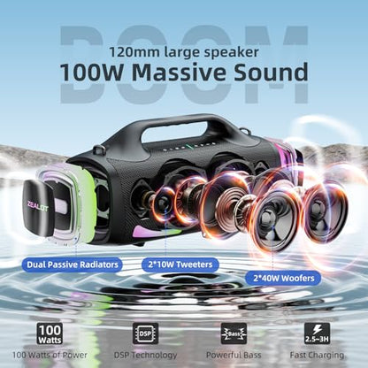 ZEALOT Bluetooth Speaker, 120W Booming Sound Speakers Wireless, Dual Pairing, XBass, 24000mAh, EQ,Fast Charge, Portable Outdoor Waterproof Speaker for Camping,Pool, Beach, and Party - color: black