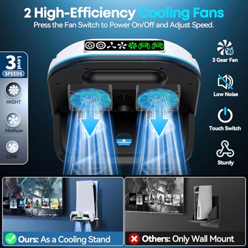 PS5 Wall Mount Kit with Cooling Fan and Charging Station Compatible with PS5/ Slim/Pro Disc and Digital, PS Five Floating Shelf with 9 RGB Lights, PS 5 Mount Behind TV, Sony PSP Cables - color: White And Black