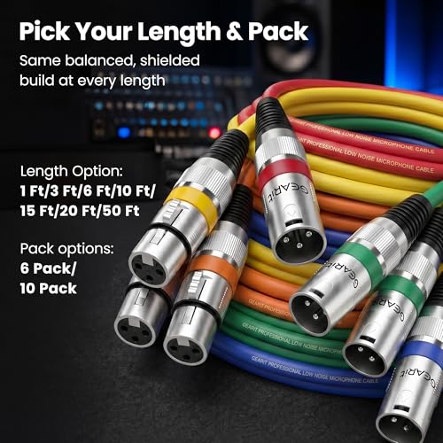 GEARit 22AWG OFC XLR Cables 10 FT 10-Pack Male to Female for Live AV Crews - size: 10 Feet