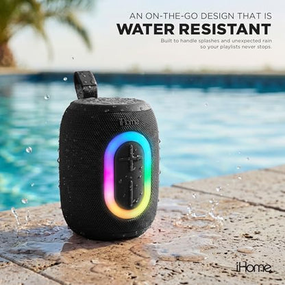iHome Quest Wireless Portable Bluetooth Speaker with RGB Light | Water-Resistant, Built-In Carry Strap, TWS Pairing, Rechargeable Battery, USB-C Cable Included, True Stereo, Bluetooth 5.3 - color: Black