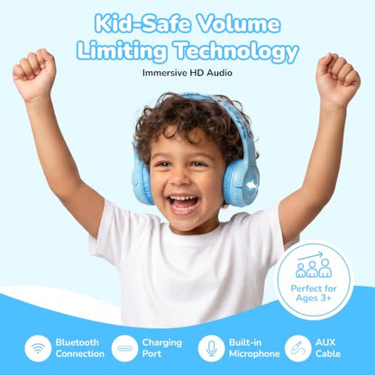 Kids Safe Wireless Light Up Headphones, Foldable Tangle-Free 3.5mm Jack, Volume Limiting 85/94dB, Over-Ear with Microphone for School/Toddlers/Teens/Boys/Girls/Ipad/Tablet/Kindle/Phones/Travel/Plane - color: Blue