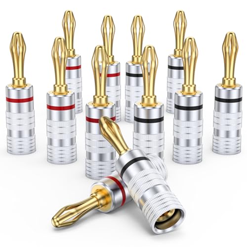 MOSWAG Banana Plugs for Speaker Wire(6 Pairs/12 pcs) Banana Plug Adapter | Brass Speaker Connectors with Dual Set Screws, Black and Red Shell Banana Plugs for Home Theater, A/V Receiver, Amplifiers - size: 6 Pairs