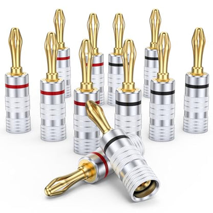 MOSWAG Banana Plugs for Speaker Wire(6 Pairs/12 pcs) Banana Plug Adapter | Brass Speaker Connectors with Dual Set Screws, Black and Red Shell Banana Plugs for Home Theater, A/V Receiver, Amplifiers - size: 6 Pairs