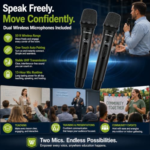 WinBridge 200W Portable PA System with 2 Wireless Microphones, K600 Pro | Battery Powered Bluetooth Speaker, Covers 150+ People, Guitar Input, Ideal for Schools, Churches, Weddings & Outdoor Events