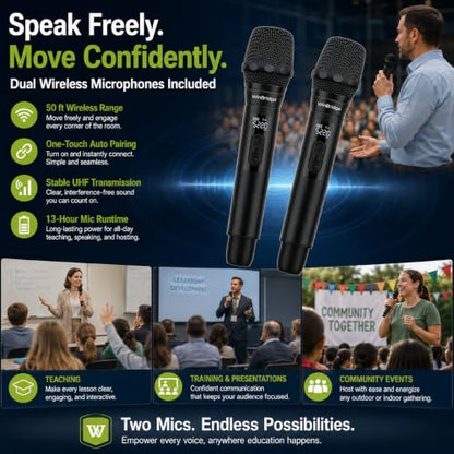 WinBridge 200W Portable PA System with 2 Wireless Microphones, K600 Pro | Battery Powered Bluetooth Speaker, Covers 150+ People, Guitar Input, Ideal for Schools, Churches, Weddings & Outdoor Events