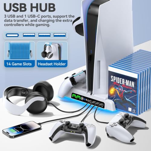 PS5/Slim/Pro Stand and Cooling Station with LED Controller Charging Station for PlayStation 5 Console, Controller Charger, Cooling Stand, PS5/Slim/Pro Skin Accessories Kit with 3 Level Cooler Fan - color: All White