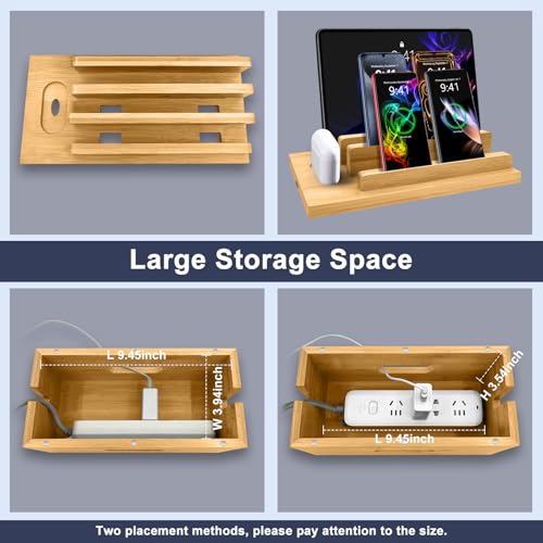 Bamboo Charging Station for Multiple Devices, Cable Management Box for Power Strip, USB Charger & USB Charging Hub/Station, Wood Docking Station Desktop Organizer Bedside Table Organizer