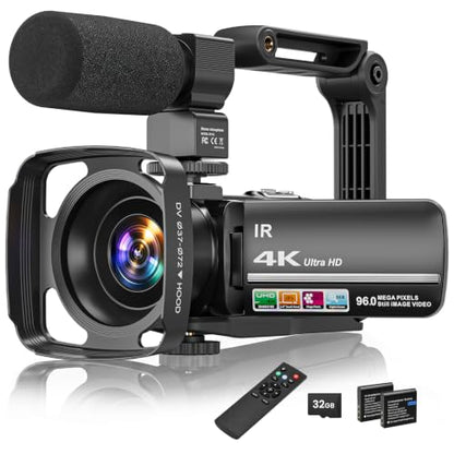 4K Video Camera Camcorder 96MP Vlogging Camera for YouTube 3.0" Touch Screen 18X Digital Zoom IR Night Vision with External Stereo Microphone,Remote,Lens Hood,Handheld Stabilizer,32G Card &2 Batteries