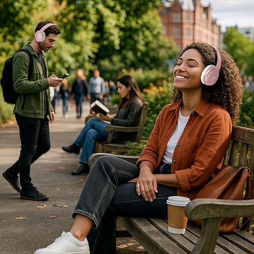 Fisher Pro Active Noise Cancelling Headphones,Over-Ear Headphones Wireless | Bluetooth 5.3, Microphone, Lightweight Comfortable Headset for Home, Travel, Rechargeable Workout Headphones, Deep Base - color: Rose Gold