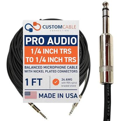 1 Foot Pro Audio REAN 1/4 inch (6.35mm) TRS to REAN 1/4 inch (6.35mm) TRS Balanced Cable with Rean NYS228 Nickel Plated connectors by Custom Cable Connection - size: 1 Foot, style: Male to Male (Nickel)