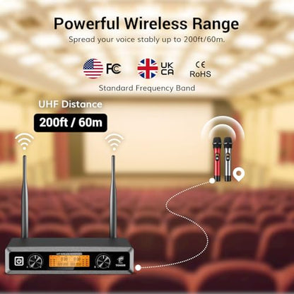 TONOR Wireless Microphones System, 2 * 15 Channel Dynamic Mics Silver*2 | UHF Handheld Metal Mic with Receiver, Pro Cordless Micro for Karaoke, Meeting, Party, Church, DJ, Wedding, KTV, 200ft, TW-820 - style: 2 Mics
