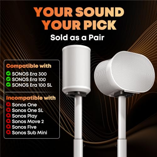 Speaker Stands for Sonos Era 100, 100 SL & Era 300 - Hidden Cable, Set of 2 | Easy to Assemble, Sturdiness, 29.1–39'' Height Adjustable, Two Base Mounting Design, Max holds 11lbs(per one), White - color: White, size: 2 Pack