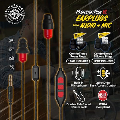 Plugfones Protector Plus Volume Limited in-Ear Earplug Earbuds, Noise Reduction Headphones with Noise Isolating Mic and Controls, Black & Red - color: Black & Red (with Microphone)