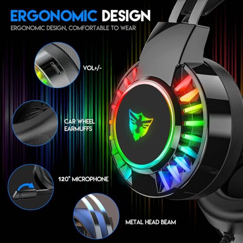 Wired Gaming Headset for PS4 PC Xbox One PS5 Controller, Noise Cancelling Over Ear Headphones with Mic, 7 Color LED Light, 7.1 Surround Sound, Soft Memory Earmuffs for Nintendo Xbox Series(Black)