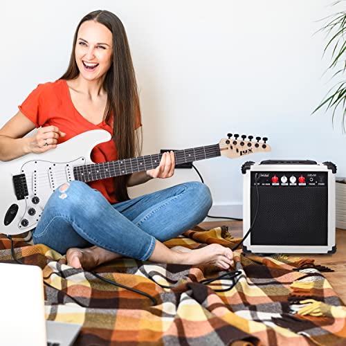 LyxPro Electric Guitar Amp 20 Watt Amplifier Built in Speaker Headphone Jack and Aux Input Includes Gain Bass Treble Volume and Grind - White - color: White, size: 20 Watt