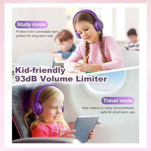 Kids Headphones for School with Microphone, 93dB Volume Limited, PinkPurple | Wired On Ear Headphones for Girls Boys, Foldable Lightweight Headphone for Classroom Learning & Entertainment Travel Computer - color: Pink Purple
