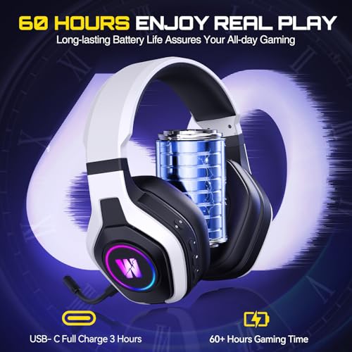 WolfLawS Wireless Gaming Headset for PS5, PC, PS4, 2.4G/Bluetooth Gaming Headphones with Noise Canceling Microphone, USB and Type-C Connector, 7.1 Surround Sound, RGB Lighting, 60H Battery