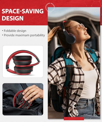 rockpapa E7 Wired/Wireless Bluetooth Headphones with Mic, 25 Hours Playtime | 2 in 1 Wire less Blue tooth Head Phones Foldable Lightweight for Kids Boys Girls Youth in School Airplane Car Black Red - color: Black Red, style: without Case
