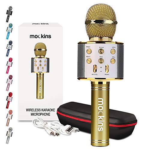 Mockins Gold Bluetooth Karaoke Microphone for Kids with Built in Bluetooth Microphone Wireless Speaker | Wireless Mic Karaoke Compatible with iPhone & Android | All-in-One Mic - color: Gold