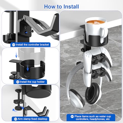 Desk Controller Headphones Holder for Xbox/PS4/PS5, 3-in-1 Desk Cup Holder with 360° Rotating Adjustable Headset Hanger Controller Stand Clamp On Desk Organizer Gaming Accessories for Desk