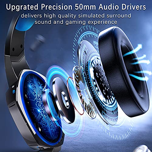 Gaming Headset for PS4 Xbox One PC PS5,Over Ear Wired Gaming Headphones with Microphone Noise Cancelling,Flip-to-Mute,Bass Surround Sound,Lightweight,Soft Memory Earmuffs,Black Blue
