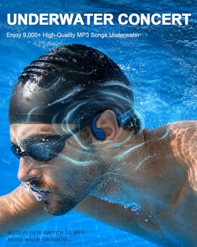 Swimming Headphones Bone Conduction Bluetooth 6.0 IPX8 Waterproof 32G MP3 | Open-ear comfort,clear audio in water,phone-free playlists,secure fit with caps and goggles,stable above-water pairing - color: Navy blue