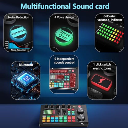 SINWE Live Sound Card Audio Mixer,Podcast Production Studio Equipment | Podcast Audio Interface with DJ Mixer Effects and Voice Changer，Prefect for Live Streaming/Podcasting/Gaming/singing
