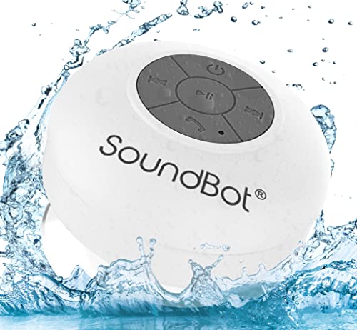 Soundbot SB510 Water-Resistant Bluetooth Shower Speaker, Suction Cup, White | Up to 6 hours of playtime, built-in microphone, 33-foot range, tactile controls, compact design, clear audio, USB charging - color: White, size: 4*3.38*3.38 in.