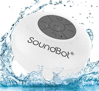Soundbot SB510 Water-Resistant Bluetooth Shower Speaker, Suction Cup, White | Up to 6 hours of playtime, built-in microphone, 33-foot range, tactile controls, compact design, clear audio, USB charging - color: White, size: 4*3.38*3.38 in.
