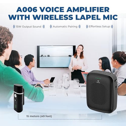 Voice Amplifier with Wireless Lapel Microphone for Teachers | 15W Portable Mini Bluetooth PA System and Clip-on Lavalier Mic for Classroom, Yoga, Tour Guide & Public Speaking - A006