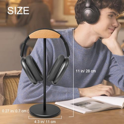 Headphone Stand for Desk - Gaming Headset Stand with Wooden Support Plate, Headset Holder with Aluminum Alloy Support Rod - color: Beech wood