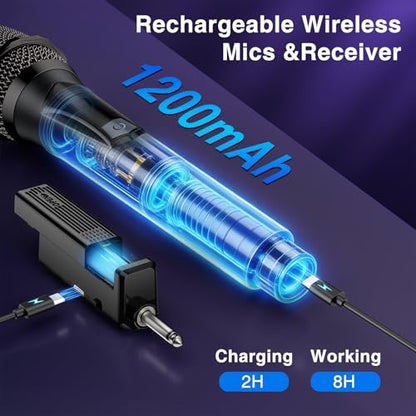 Wireless Microphones,Professional Dual Handheld Cordless Dynamic Mic System