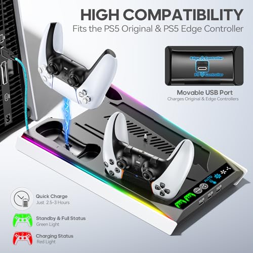 PS5/Slim/Pro Stand for Disc & Digital Console, PS5 Cooling & Charging Station with RGB Lights, PS5 Controller Charger Built-in 3 Level & AUTO Adjustable Fan, Accessories for PlayStation 4 Chargers - color: Black & White