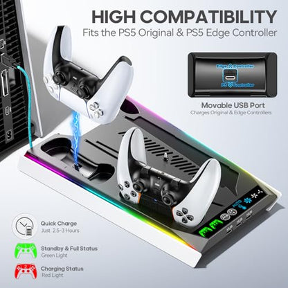 PS5/Slim/Pro Stand for Disc & Digital Console, PS5 Cooling & Charging Station with RGB Lights, PS5 Controller Charger Built-in 3 Level & AUTO Adjustable Fan, Accessories for PlayStation 4 Chargers - color: Black & White