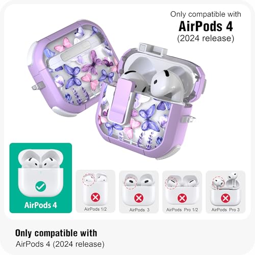 WENEW Case for AirPods 4th Case Cover Secure Lock Automatic Snap Switch Clip Cleaner Kit Lanyard Women Stylish Flower Armour Hard Shell Full Body Front LED Visible (Purple Butterfly, AirPods 4th) - color: Purple Butterfly, size: AirPods 4