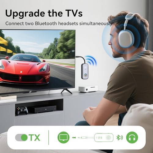 A6 Pro Bluetooth Receiver Transmitter,2-in-1 Wireless Audio Adapter for Airplane/TV/PC/Gym-Dual Link Headphone,Bluetooth Receiver for Car/Home Stereo,Low Latency,Battery Display,Built-in MIC