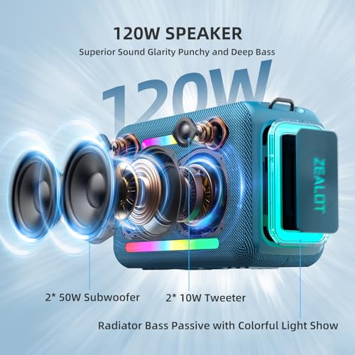 ZEALOT Bluetooth Speaker, 120W RMS 150W Peak Loud Wireless Speakers IPX6 Waterproof Bluetooth Subwoofer Speaker with LED Light, Custom EQ, 40H Playtime, Portable Speakers for Outdoor, Party - color: Blue