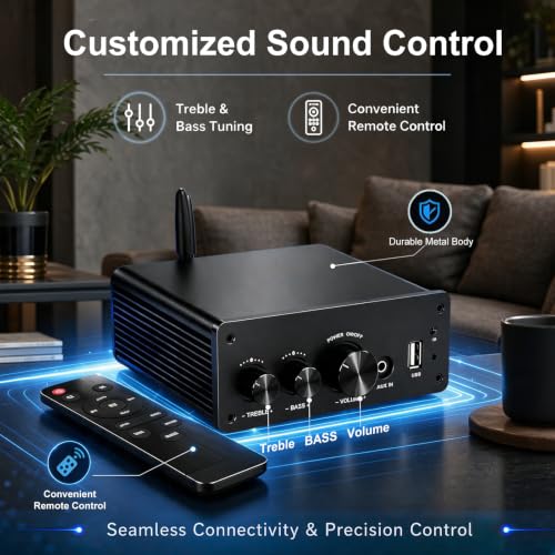 LONPOO 200W Mini Bluetooth Audio Amplifier Class D for Bookshelf Speaker | 2.0 Channel Integrated Amp, Optical Coaxial USB AUX Input, HiFi, 200W RMS (LP-615B) - color: 615-all Black
