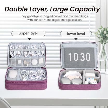 Electronic Organizer Travel Case, Double Layer Cable Organizer Bag | Double-layer design with adjustable dividers, mesh pockets and elastic loops for chargers, cables, power banks and gadgets - color: purple