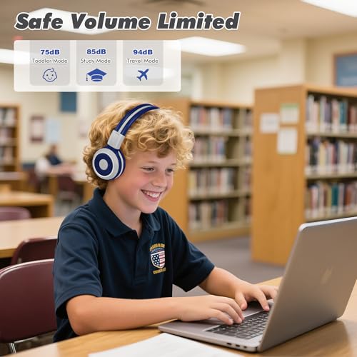 SIMOLIO Kids Bluetooth Headphones with Microphone, 75/85/94dB Volume Limit, Wireless Headset for Toddler Teens Children, Share Port, Travel Case, 3.5mm Cord, Foldable for School Airplane iPad Tablet | Wireless Headset for Toddler Teens Children, Share Por