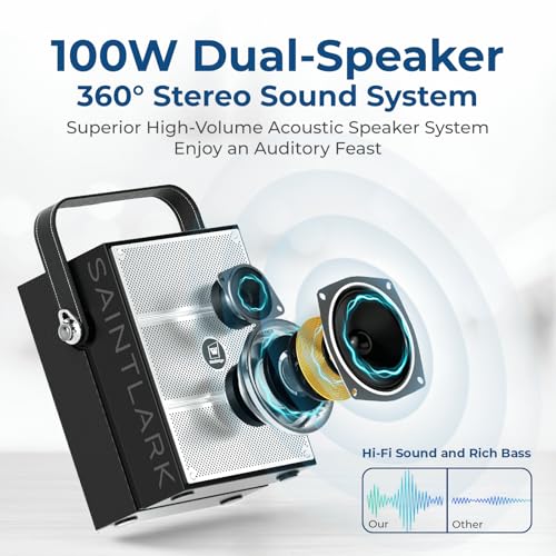 100W Powerful Voice Amplifier with 2 Wireless Microphones S99 | Big Pro Sound Portable Speaker with Microphone, Bluetooth Speaker PA System Karaoke Machine Support BT/USB/TF Card/Aux/Guitar - color: Black
