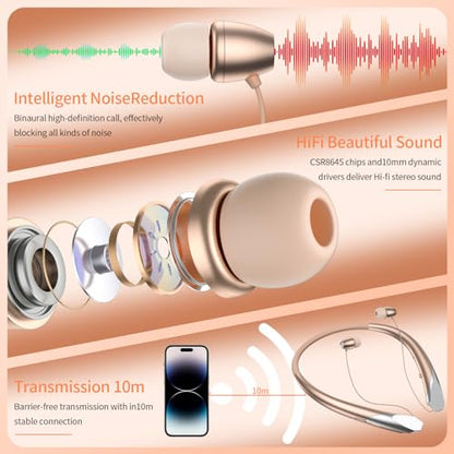 2026 Upgraded Bluetooth Headset - Wireless Neckband Bluetooth Headphones with Retractable Earbuds, Extended Battery Life, and Intuitive Controls for Sports, Office, and Travel (Gold) - color: Gold