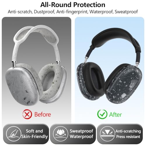 fomissky-sisa 4 in 1 AirPods Max Case Glitter Headphone Covers, Black | Clear TPU Ear Cup Covers, Soft Silicone Earpads + Headband Cover Set, Scratch-Proof Protective Headphone Accessory Gift - color: Black